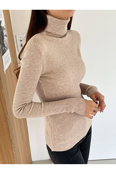 VASK Bluză pentru femei cu mânecă lungă, cu gât înalt material reiat basic