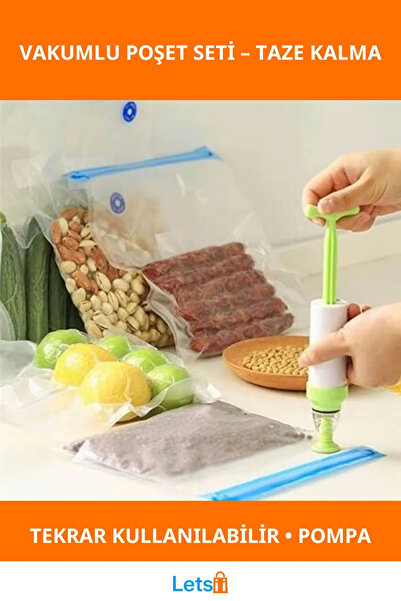 Letsii Manuel Vakumlu Gıda Saklama Poşeti ve Pompa Seti Taze Kalma Garantisi