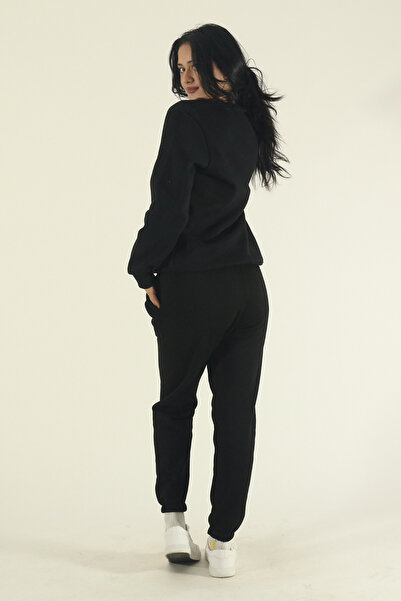 EydaMoon Women's Black Winter Cotton Puff Fabric Crew Neck Jogger Tracksuit Set