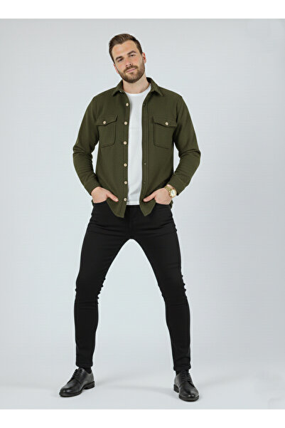 YXC Trend Maker Men's Slim Fit Button-Down Collar Double Pocket Solid Black Fleece Men's Shirt