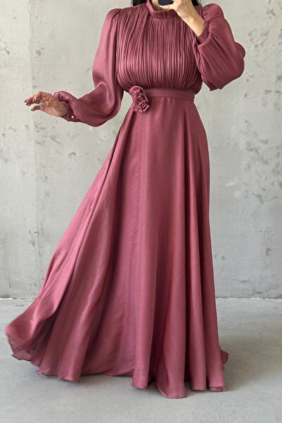 leyuze Modern Tasarım Broş Detaylı Tesettür Abiye Gül Kurusu