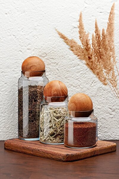 Elif mağazacılık 3-Piece Glass Jar Set with Wooden Ball Lid Sugar Bowl Snack Bowl Spice Bowl and Storage Container