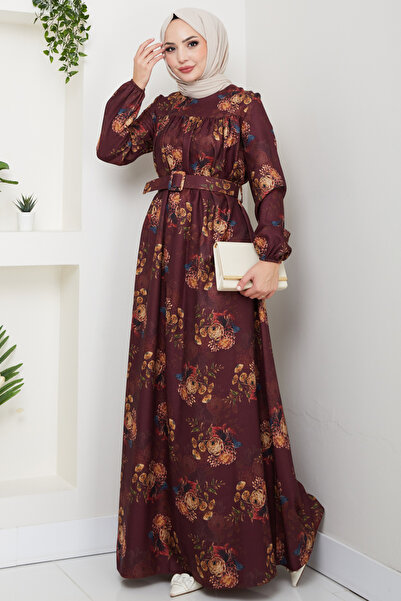 Feiza Collection Çiçek Detaylı Tesettür Elbise - BORDO