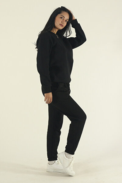 EydaMoon Women's Black Winter Cotton Puff Fabric Crew Neck Jogger Tracksuit Set