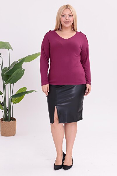 Siyezen Plus Size Blouse with Gold Button Detail on the Shoulders