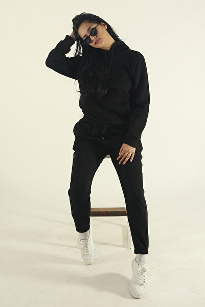 EydaMoon Women's Black Winter Cotton Puff Fabric Kangaroo Pocket Hooded Jogger Tracksuit Set