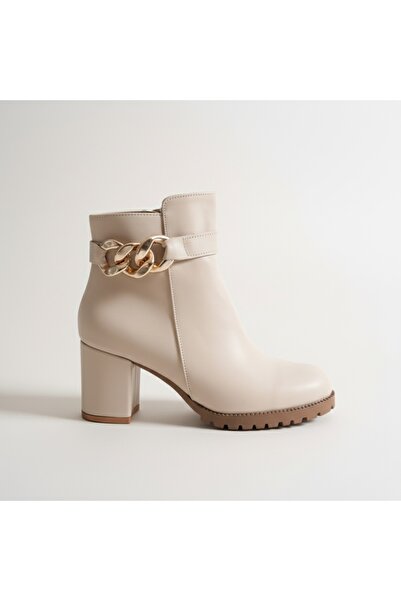 Brielfy Liora 9 cm Heeled Chain Buckle Oval Toe Faux Leather Zipper Winter Women's Boots