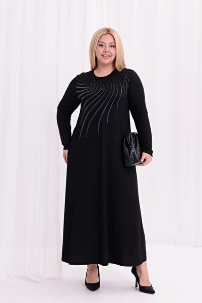 Siyezen Plus Size Black Printed Flared Dress