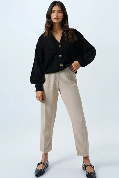 VAGGON V-Neck Hair Braid Patterned Balloon Sleeve Knitwear Cardigan