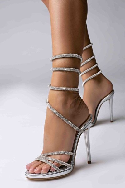 Vanilla Days Sandale stiletto cu cristale argintii, din piele naturală și toc...