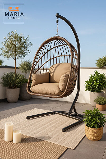 MARIA HOMES كرسي بيضاوي أنيق من الخيزران مع حامل - كرسي أرجوحة داخلي وخارجي |...