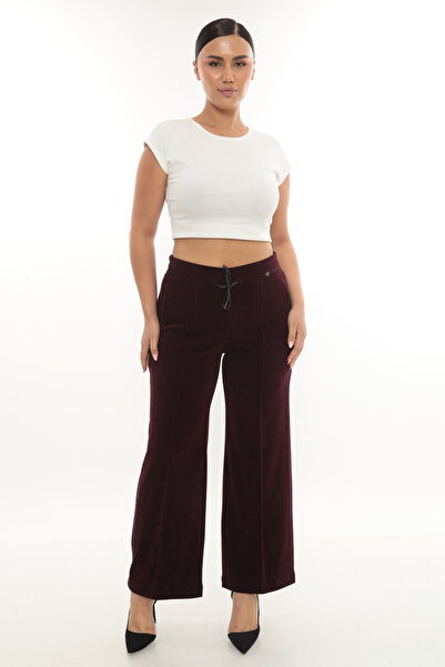 EXİTLİNE Women's Winter Stone Pipe Leg Velvet Trousers with Bee Accessories in Burgundy