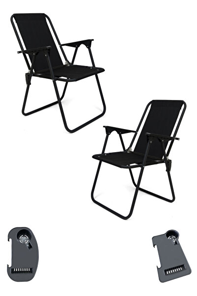 moniev Litea 2 Adet Kamp Sandalyesi Katlanır Piknik Sandalye ve Bardaklık Siyah