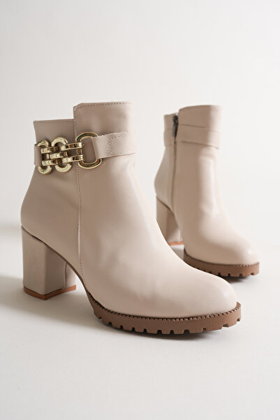 Brielfy Ardelle 9 cm Heeled Gold Chain Buckle Round Toe Faux Leather Winter Women's Boots