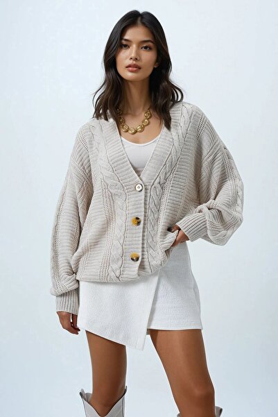 VAGGON V-Neck Hair Braid Patterned Balloon Sleeve Knitwear Cardigan