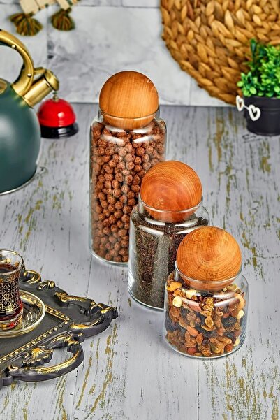 Elif mağazacılık 3-Piece Glass Jar Set with Wooden Ball Lid Sugar Bowl Snack Bowl Spice Bowl and Storage Container