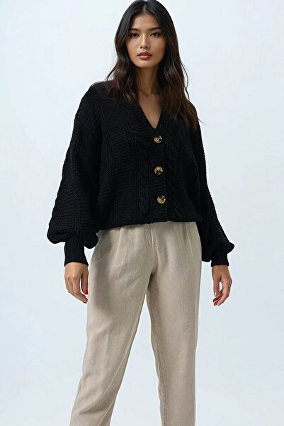 VAGGON V-Neck Hair Braid Patterned Balloon Sleeve Knitwear Cardigan