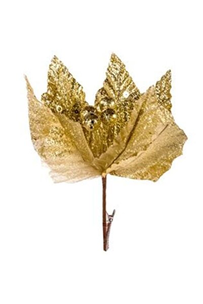SHOPIENS Floare decorativă de Crăciun aurie cu sclipici și clipsuri 25 cm