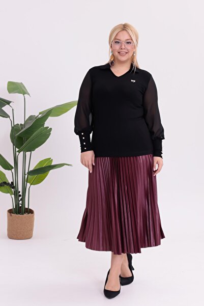 Siyezen Plus Size Polo Neck Blouse with Gold Brooch Detail