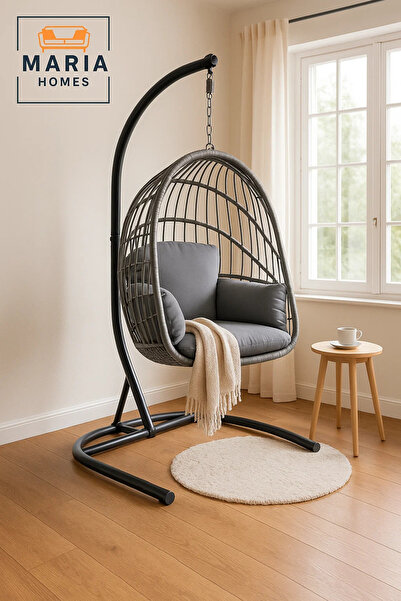 MARIA HOMES Modern Grey Rattan Hanging Egg Chair with Stand – Indoor Outdoor ...