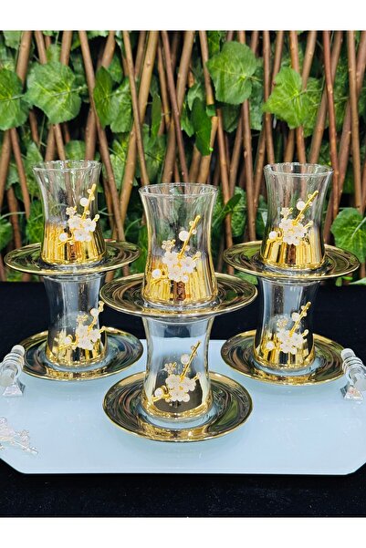 LOKMAN ZÜCCACİYE SHOWROOM 6-person 12-piece titanium gold pearl stone tea cup set
