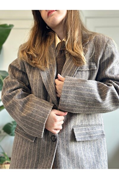 LUUN Hardal Çizgili Gri Renk Kalın Blazer Kaban