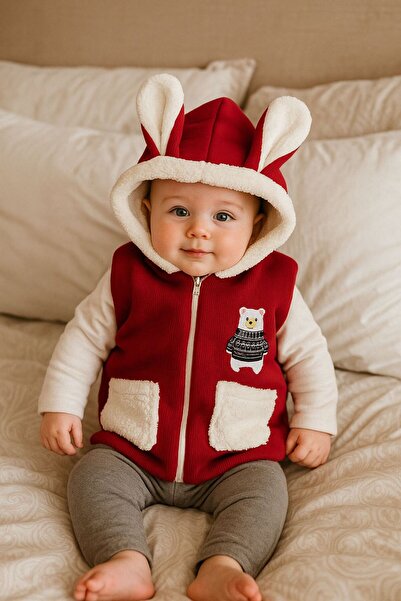 Minissa Red Bear Embroidered Rabbit Ear Plush Lined Winter Baby Vest Welsoft Velvet Fabric Warm