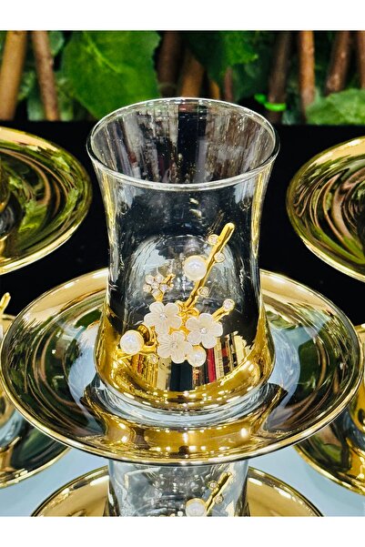 LOKMAN ZÜCCACİYE SHOWROOM 6-person 12-piece titanium gold pearl stone tea cup set