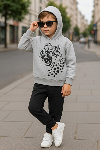 canmana kids&baby Комплект спортен екип с качулка и леопардов принт, изработен от 3-слоен памук