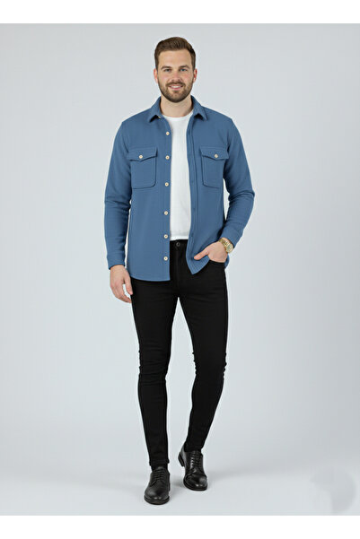 YXC Trend Maker Men's Slim Fit Button-Down Collar Double Pocket Solid Black Fleece Men's Shirt