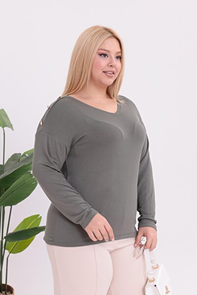 Siyezen Plus Size Blouse with Gold Button Detail on the Shoulders