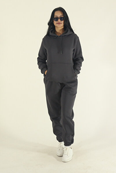 EydaMoon Women's Smoked Winter Cotton Puff Fabric Kangaroo Pocket Hooded Jogger Tracksuit Set