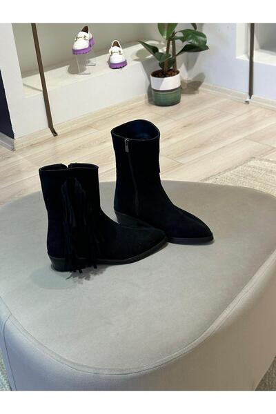 BABLACK %100 Nubuk Deri Püskül Detaylı Kovboy Siyah