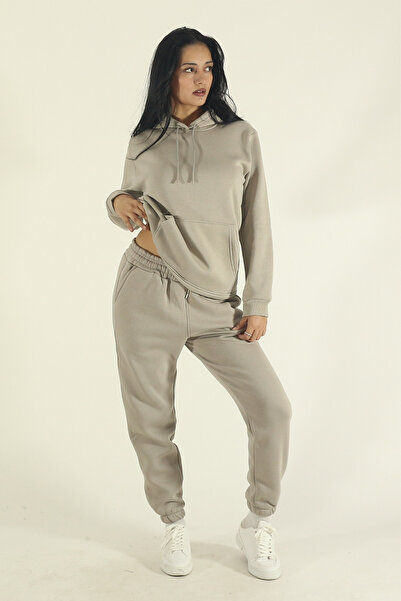 EydaMoon Women's Stone Winter Cotton Puff Fabric Kangaroo Pocket Hooded Jogger Tracksuit Set