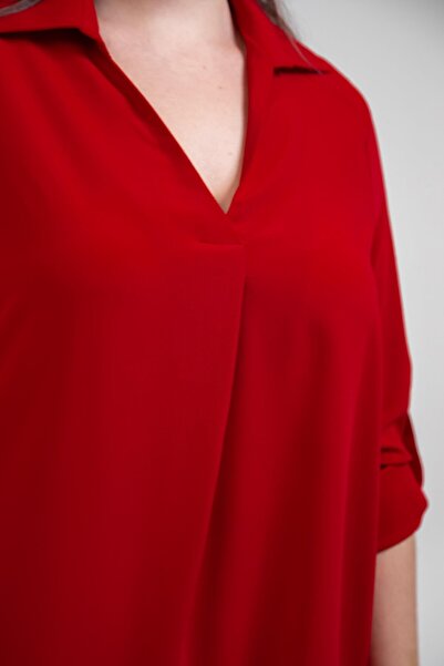 Roxxlen Γυναικεία μπλούζα με γιακά σε μεγάλο μέγεθος V, κόκκινη μπλούζα