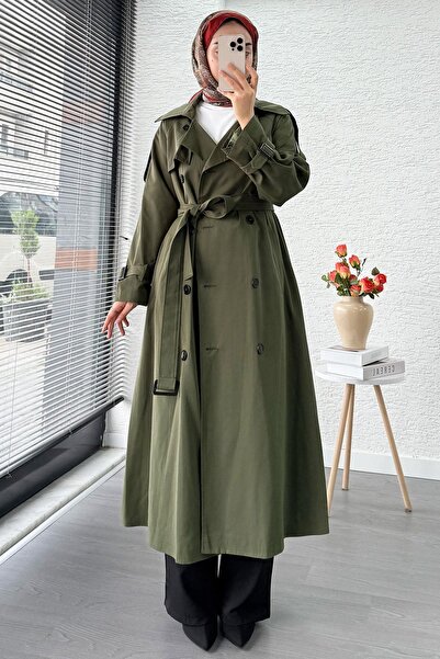 MELEK ARAZ Premium Sekiz Düğmeli Oversize Kadın Trençkot - Haki