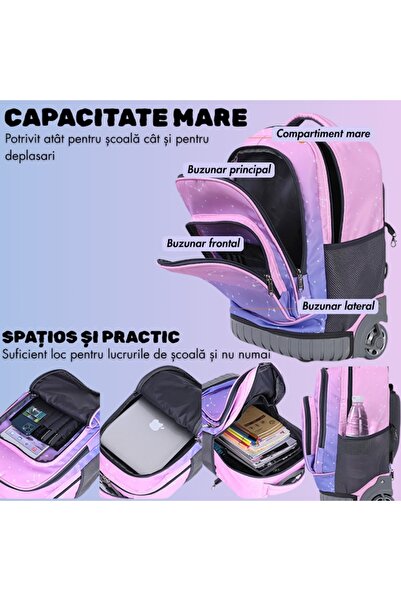 narvara Trolley backpack with wheels, large capacity, pink, 31 x 20 x 48 cm