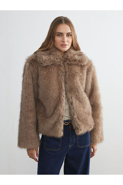 LC Waikiki Mg Trenden Brown Shirt Collar Women Faux Fur Coat