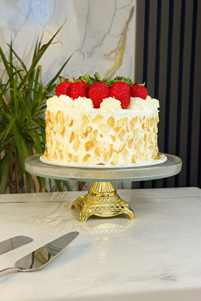 MAY HOME Gold Detaylı Ayaklı Cam Sunumluk Tabak & Pasta Kek Kurabiye Servisli...