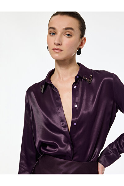 Koton Long Sleeve Buttoned Classic Collar Stone Detailed Viscose Satin Shirt
