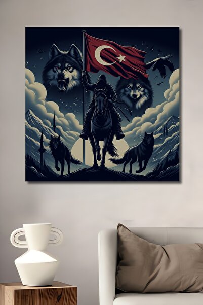 Teona Ahşap Ahşap Dekoratif Tablo Boz Kurtlar Türk Bayrağı Yağlı Boya Görünüm...