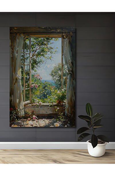 Teona Ahşap Görünümlü Yağlı Boya Bahçe Manzaralı Pencere Ahşap Dekoratif Tabl...
