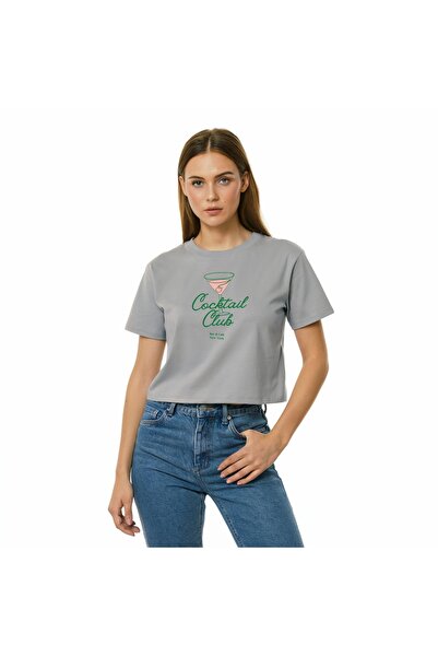 Kadın Cocktail Baskılı Organik Pamuk / Yumuşak, Kısa Kollu, Bisiklet Yaka, Örme Crop Top T-Shirt