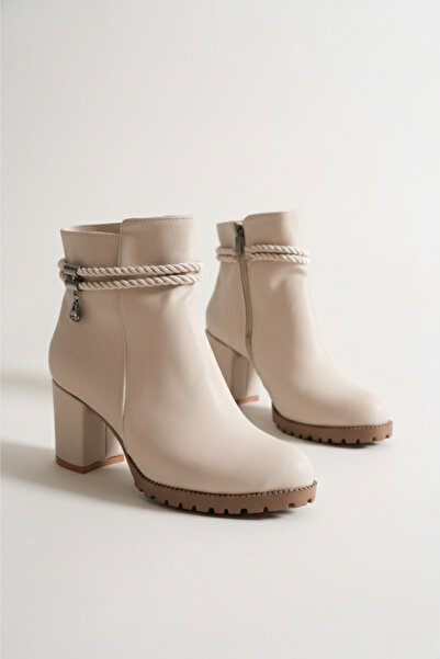 Brielfy Sorell 9 cm Heeled Rope Detailed Round Toe Zippered Faux Leather Winter Women's Boots