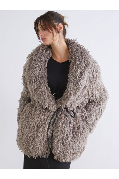 LC Waikiki Brown Crew Neck Women's Faux Fur Coat