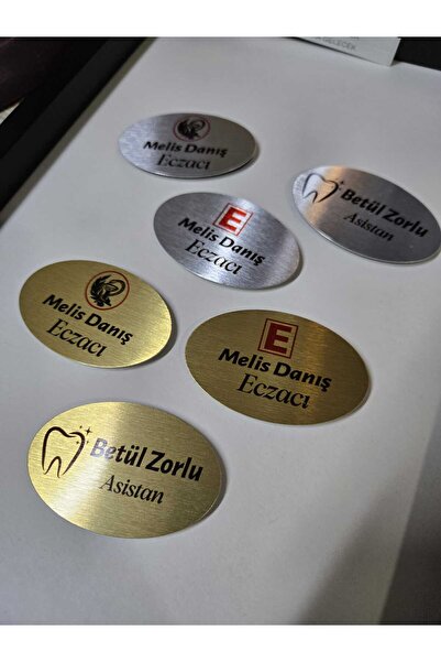 SIRADIŞI REKLAM YAKA İSİMLİK OVAL METAL PREMIUM 5 ADET MIKNATISLI (eczane,den...