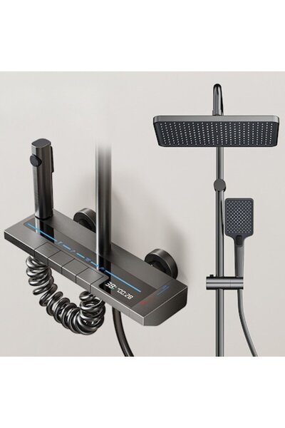 narvara Smart Shower Column with LED Display — Temperature & Timer, Rain Head, Dark Gray