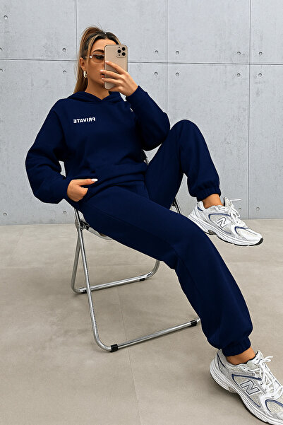 DUBU BUTİK Private Tracksuit Set Sweatshirt Jogger - Navy Blue Printed Oversized Fleece-Lined Hooded