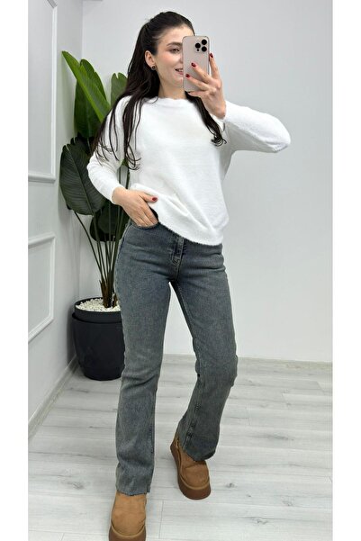 TUNAM BUTİK 857- Crew Neck Plain Bearded Soft Sweater Ecru