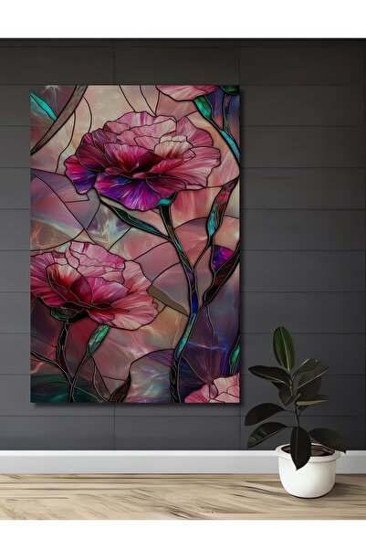 Teona Ahşap Vitray Görünümlü Çiçekler Ahşap Dekoratif Tablo Dikdörtgen Tablo